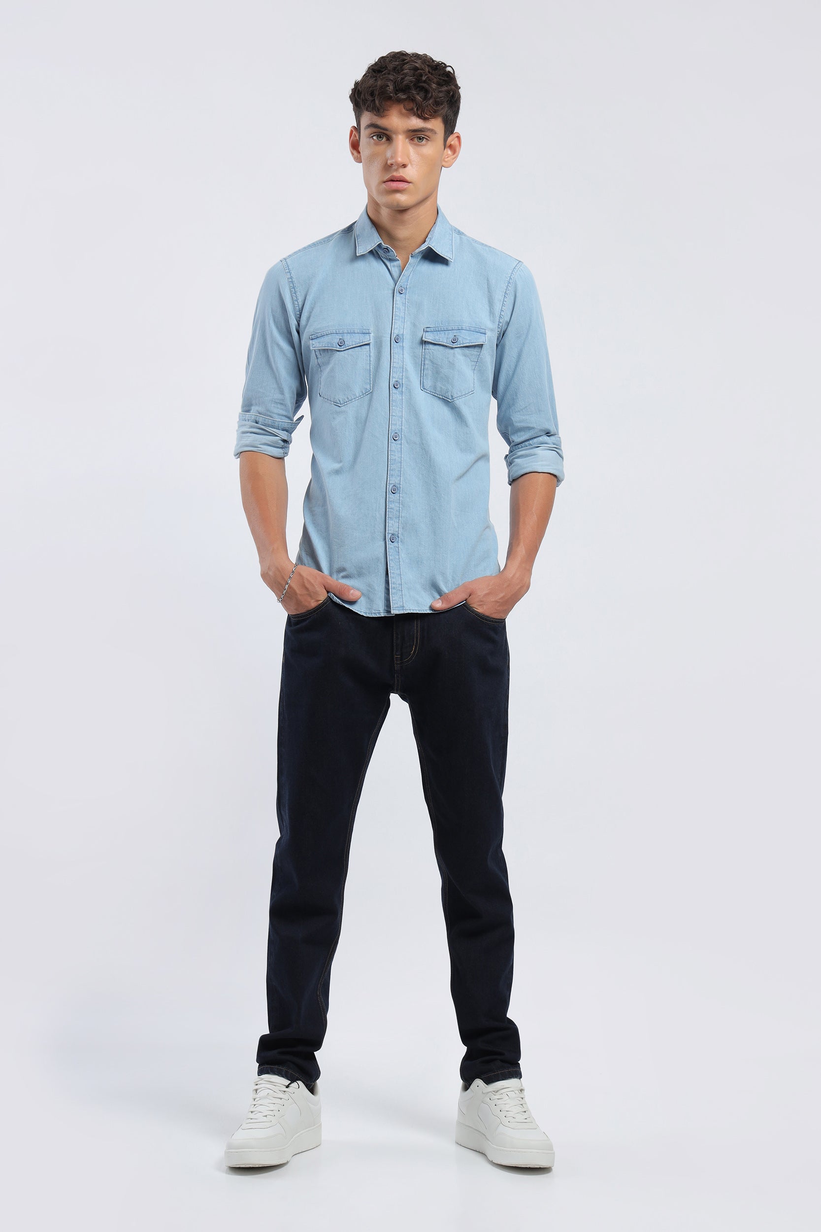 Light Blue Pockets Button Up Denim Shirt | Think Pink Boutique