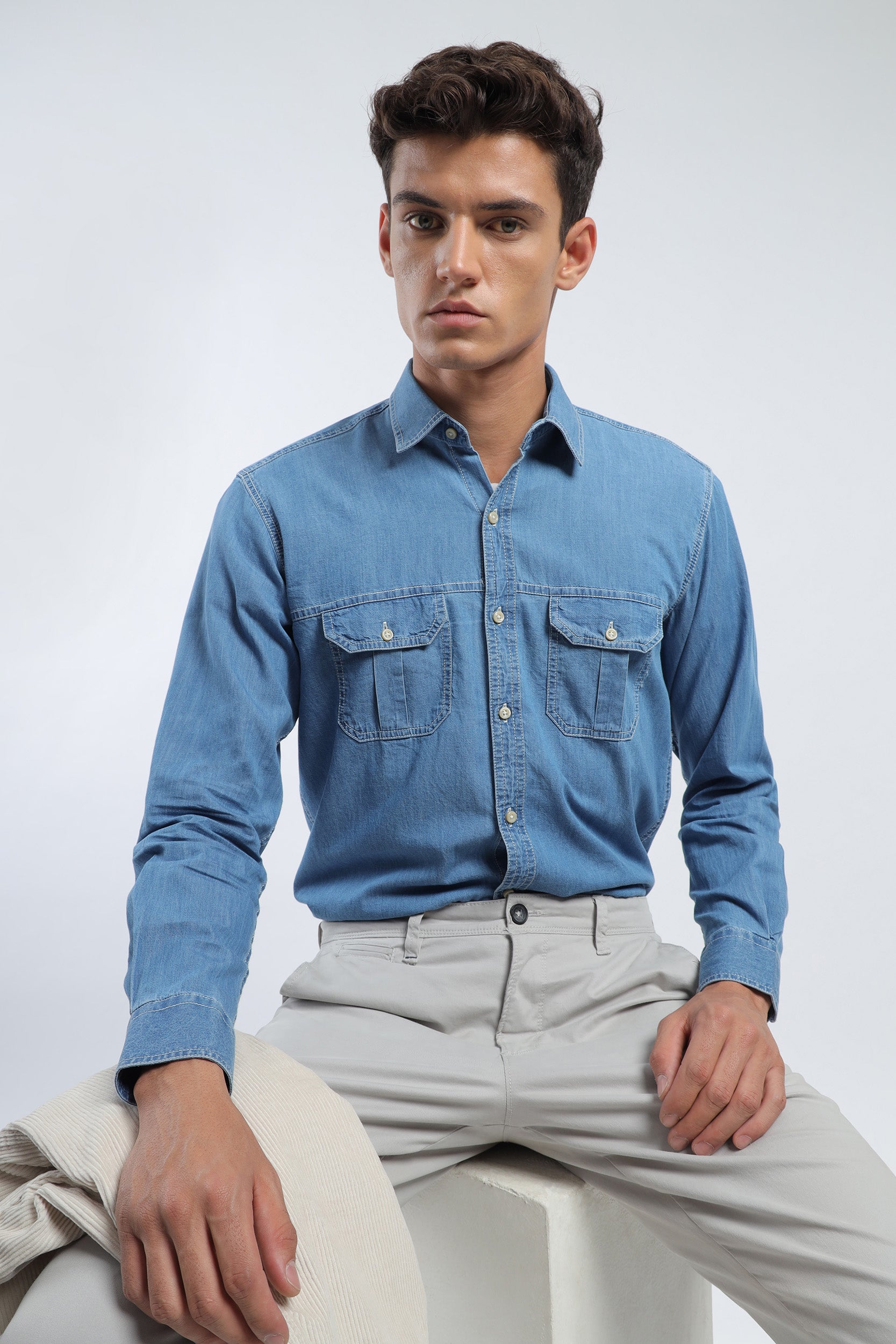 Drop Shoulder Denim Shirt, Pale Blue | Shirts & Blouses | Really Wild